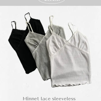 Lace Contrast Ribbed Sleeveless Strap Adjustable Layered Basic