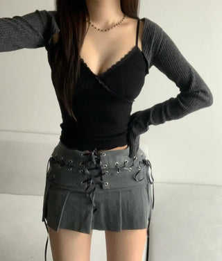 Lace Contrast Ribbed Sleeveless Strap Adjustable Layered Basic