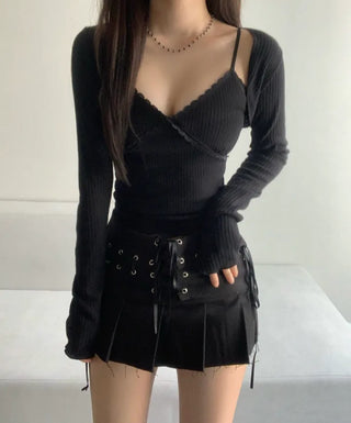 Lace Contrast Ribbed Sleeveless Strap Adjustable Layered Basic