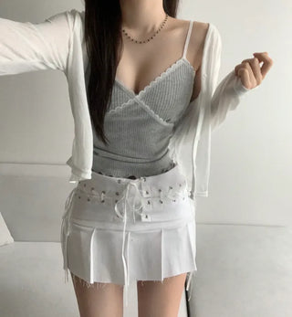 Lace Contrast Ribbed Sleeveless Strap Adjustable Layered Basic