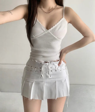 Lace Contrast Ribbed Sleeveless Strap Adjustable Layered Basic