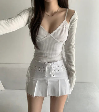 Lace Contrast Ribbed Sleeveless Strap Adjustable Layered Basic