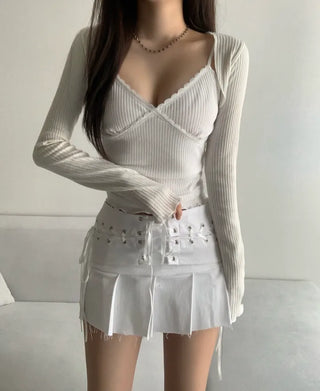Lace Contrast Ribbed Sleeveless Strap Adjustable Layered Basic
