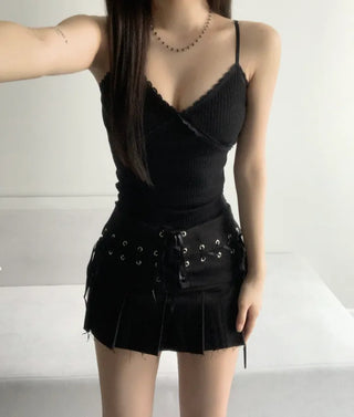 Lace Contrast Ribbed Sleeveless Strap Adjustable Layered Basic