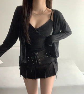 Lace Contrast Ribbed Sleeveless Strap Adjustable Layered Basic