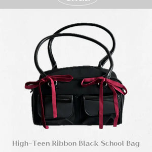 Red Ribbon Pocket Black Teen Bag Crossbody Shoulder