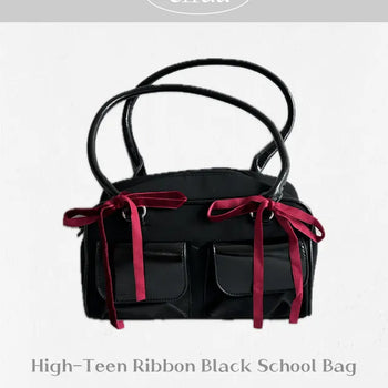 Red Ribbon Pocket Black Teen Bag Crossbody Shoulder