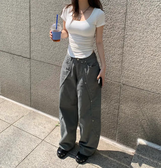 Shirred U-neck Short Sleeve T-shirt basic item rounded