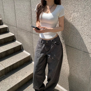Shirred U-neck Short Sleeve T-shirt basic item rounded