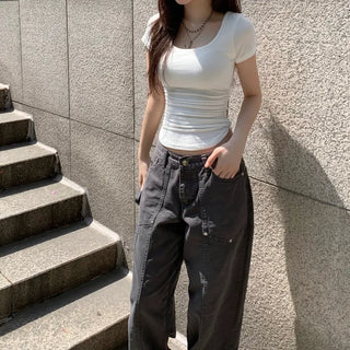 Shirred U-neck Short Sleeve T-shirt basic item rounded