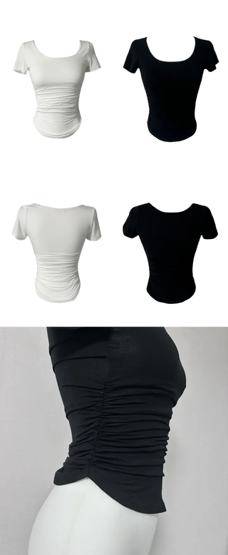 Shirred U-neck Short Sleeve T-shirt basic item rounded