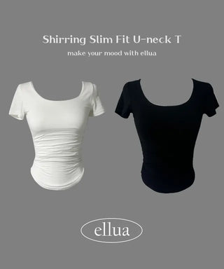 Shirred U-neck Short Sleeve T-shirt basic item rounded