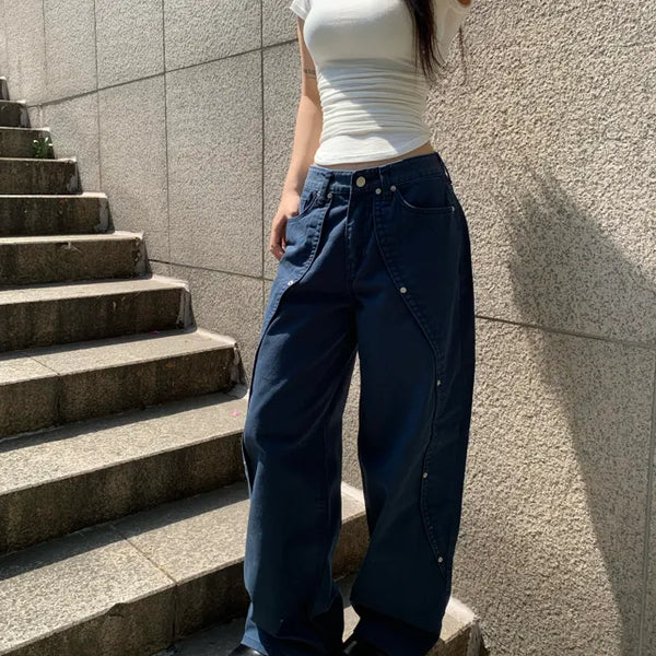Wavy Rivet Wide Pants Fit Cargo Long Unique