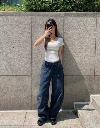 Wavy Rivet Wide Pants Fit Cargo Long Unique