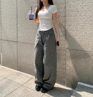 Wavy Rivet Wide Pants Fit Cargo Long Unique