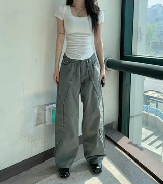 Wavy Rivet Wide Pants Fit Cargo Long Unique