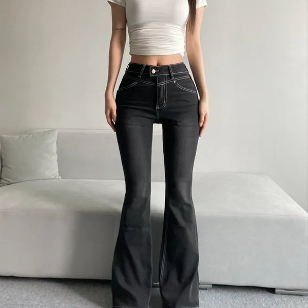 Cut Waist Long Gradient Washed Bootcut Denim Pants