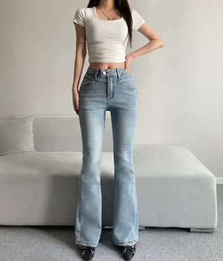 Cut Waist Long Gradient Washed Bootcut Denim Pants