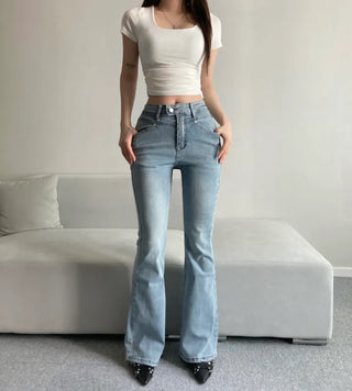 Cut Waist Long Gradient Washed Bootcut Denim Pants