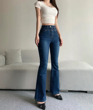 Cut Waist Long Gradient Washed Bootcut Denim Pants