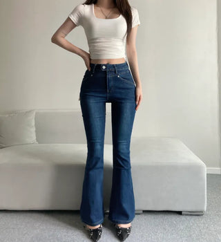 Cut Waist Long Gradient Washed Bootcut Denim Pants