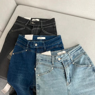 Cut Waist Long Gradient Washed Bootcut Denim Pants