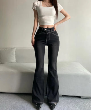 Cut Waist Long Gradient Washed Bootcut Denim Pants