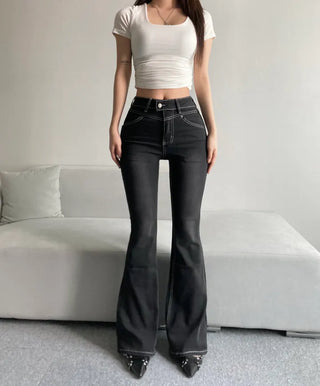 Cut Waist Long Gradient Washed Bootcut Denim Pants