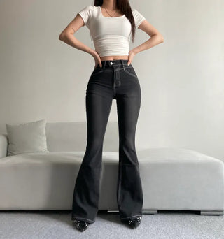 Cut Waist Long Gradient Washed Bootcut Denim Pants