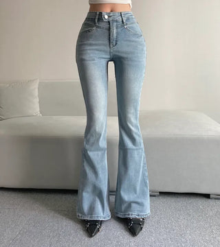 Cut Waist Long Gradient Washed Bootcut Denim Pants
