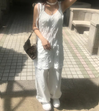 Wrinkle Ribbon Sleeveless Dress & Scarf Set Bustier