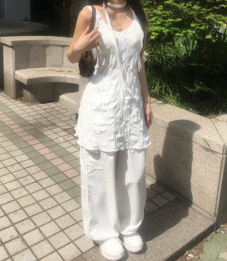 Wrinkle Ribbon Sleeveless Dress & Scarf Set Bustier