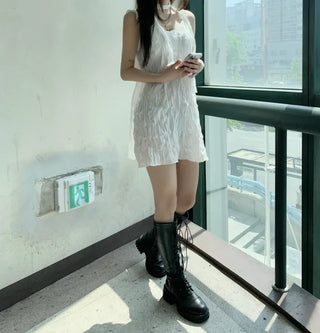 Wrinkle Ribbon Sleeveless Dress & Scarf Set Bustier