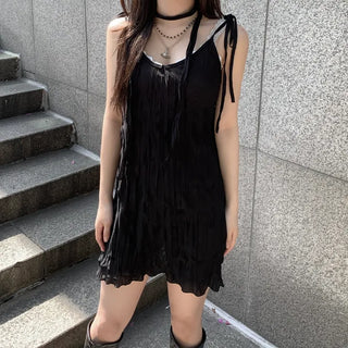 Wrinkle Ribbon Sleeveless Dress & Scarf Set Bustier