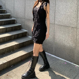 Wrinkle Ribbon Sleeveless Dress & Scarf Set Bustier