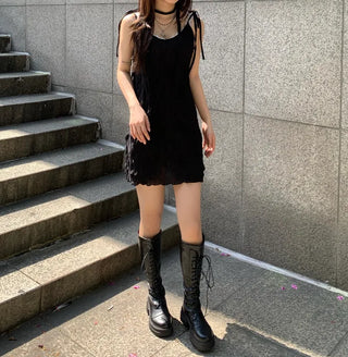 Wrinkle Ribbon Sleeveless Dress & Scarf Set Bustier