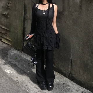 Wrinkle Ribbon Sleeveless Dress & Scarf Set Bustier