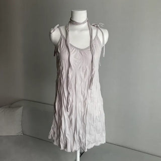 Wrinkle Ribbon Sleeveless Dress & Scarf Set Bustier