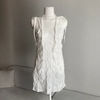 Wrinkle Ribbon Sleeveless Dress & Scarf Set Bustier