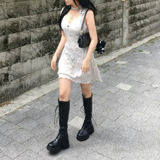 Wrinkle Ribbon Sleeveless Dress & Scarf Set Bustier