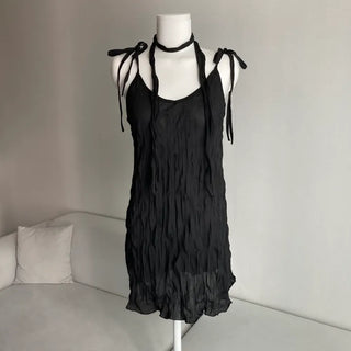 Wrinkle Ribbon Sleeveless Dress & Scarf Set Bustier