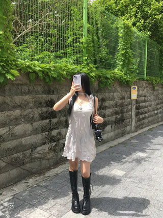 Wrinkle Ribbon Sleeveless Dress & Scarf Set Bustier