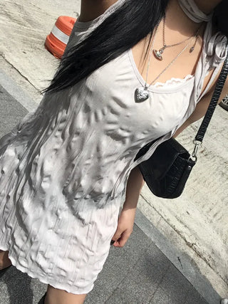 Wrinkle Ribbon Sleeveless Dress & Scarf Set Bustier