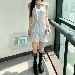 Wrinkle Ribbon Sleeveless Dress & Scarf Set Bustier