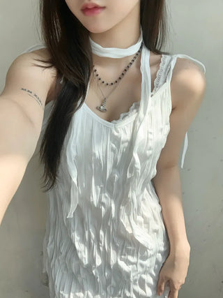 Wrinkle Ribbon Sleeveless Dress & Scarf Set Bustier
