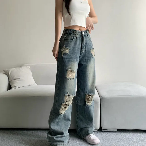 Vintage Damaged Wide Denim Pants Jeans Unique y2k