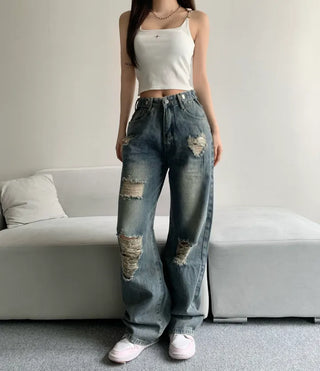 Vintage Damaged Wide Denim Pants Jeans Unique y2k