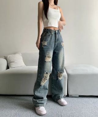 Vintage Damaged Wide Denim Pants Jeans Unique y2k