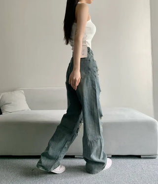 Vintage Damaged Wide Denim Pants Jeans Unique y2k