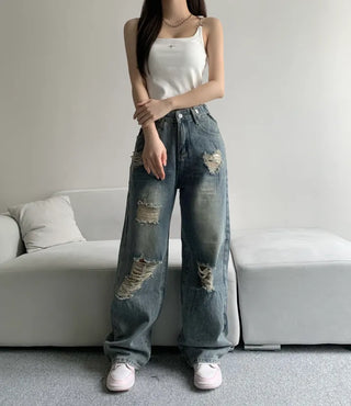 Vintage Damaged Wide Denim Pants Jeans Unique y2k